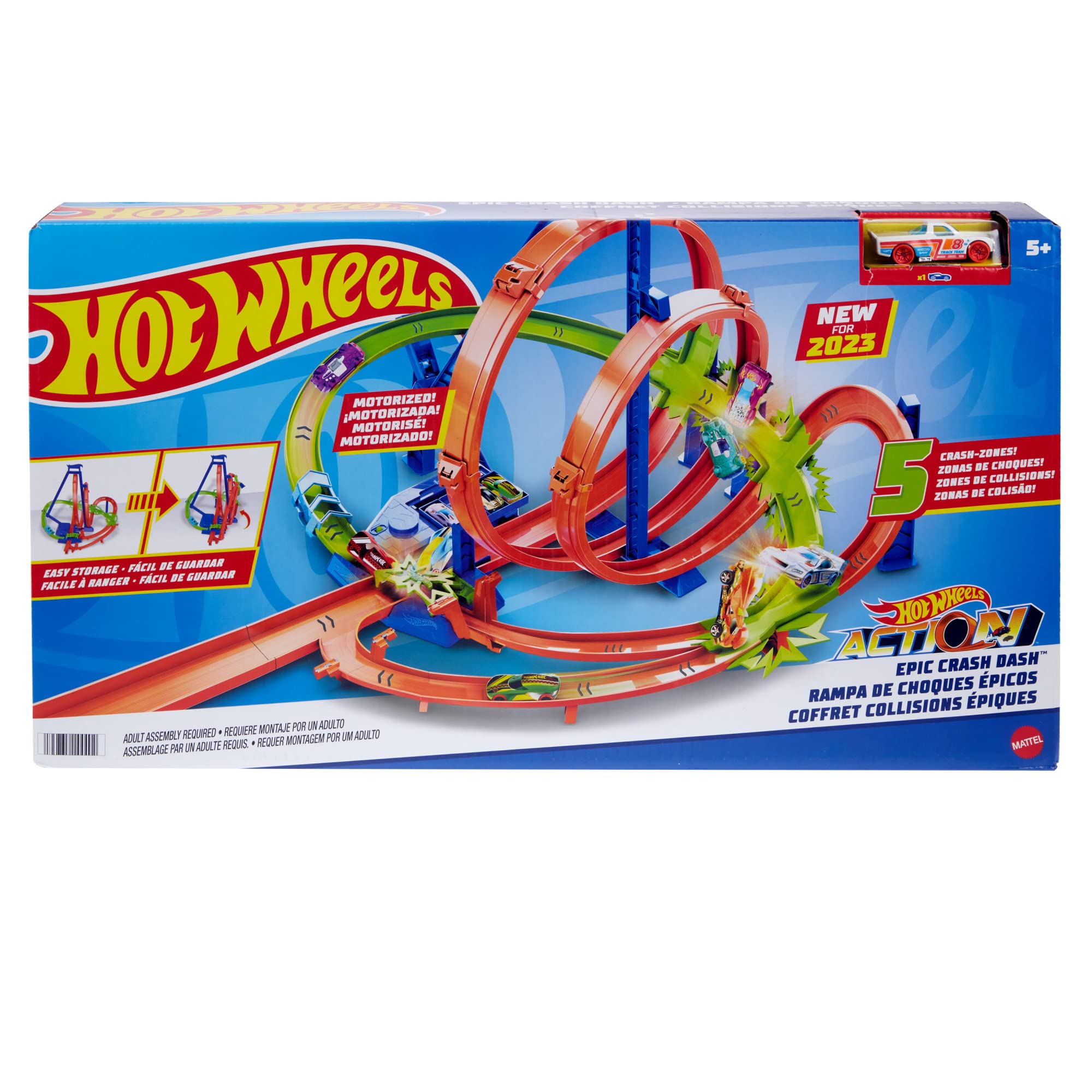 Hot Wheels Set traccia con 5 zone crash, acceleratore motorizzato